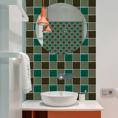 Green Brown Grey Modern Glazed Wallpaper Square Tile Sticker 10PCS