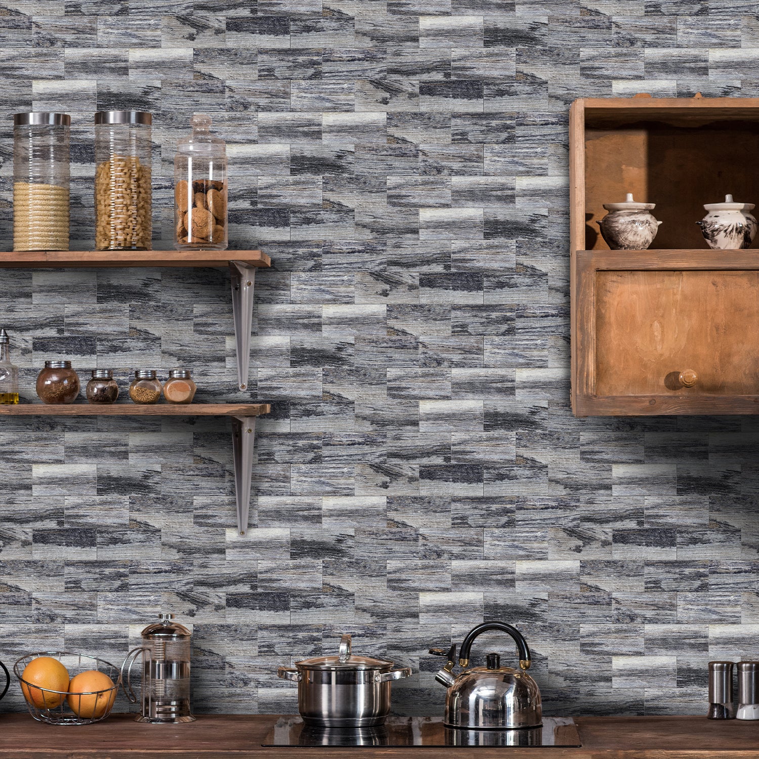 Oil-Proof Weathered Gray Peel and Stick Wood Wallpaper for Kitchen Remodeling