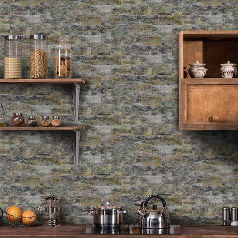 Textured Peel and Stick Tiles - Gray and Green Earthy Aesthetic for Stylish Interior Renovation