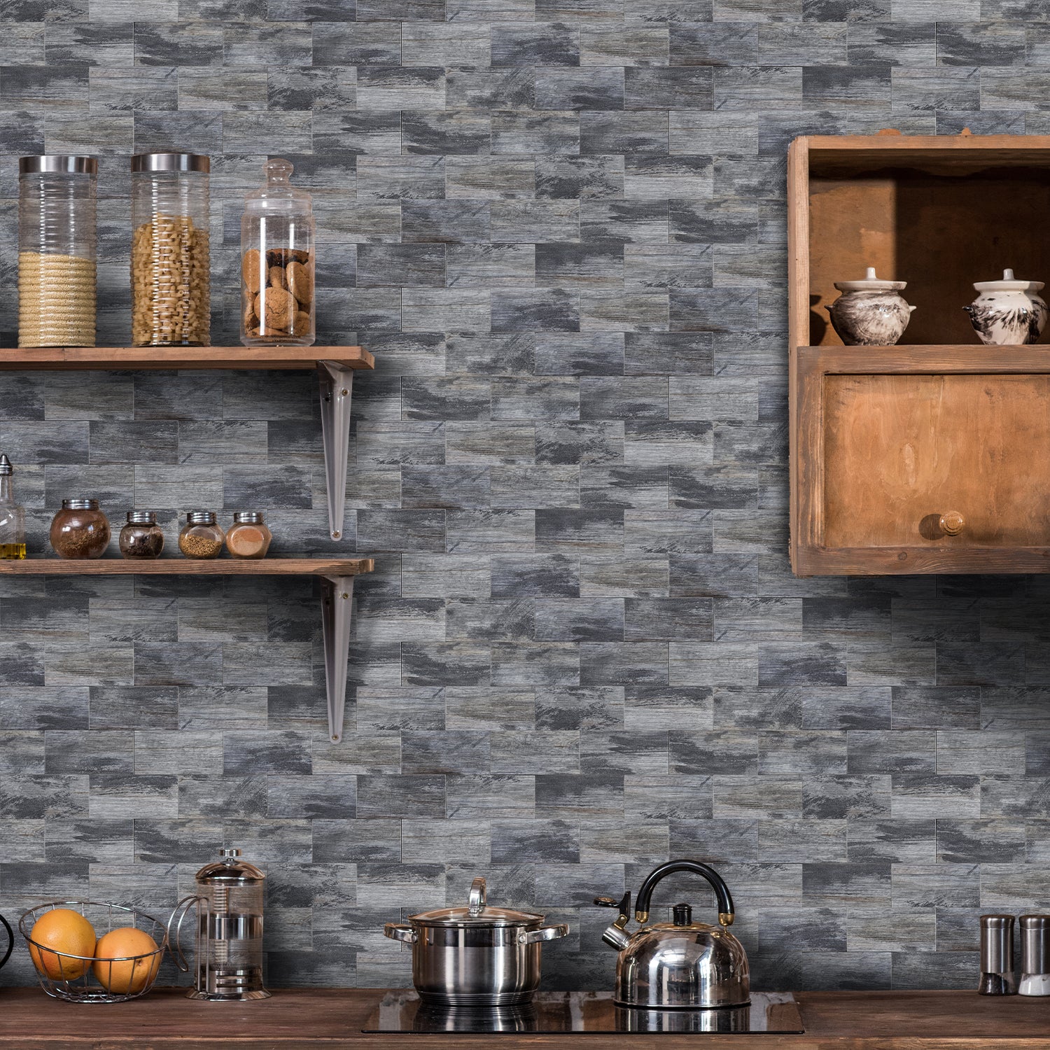 Aged Gray Wood Grain Wallpaper for Kitchen Remodeling