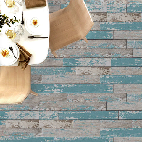 Distressed Blue and Gray Wood Plank Wallpaper for Coastal Decor