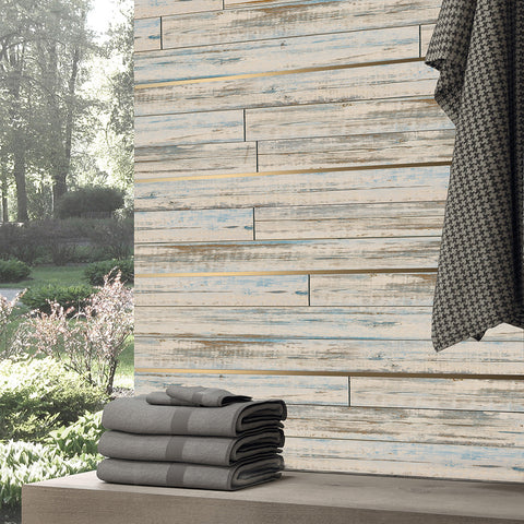 Farmhouse Style Wood Wallpaper - Weathered Blue and Beige Finish