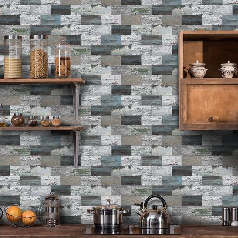 Vintage Style Wood Effect Peel and Stick Tiles in Blue and Grey Tones