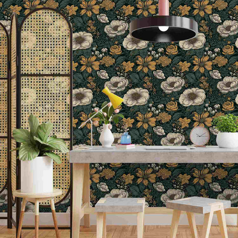 floral wallpaper dark on wall