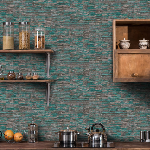 Turquoise and Gray Wood Grain Peel and Stick Tile Textured PVC Wall Decals for Home Decor