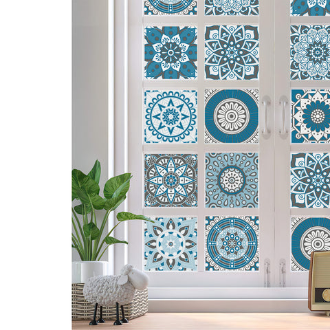 Blue and white mandala tile stickers: interpreting the beauty of mystery and tranquility