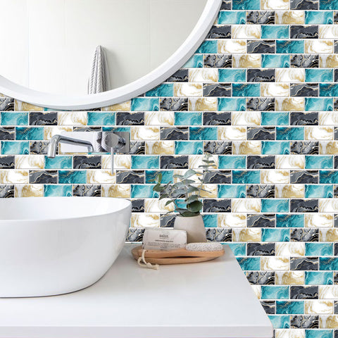 Blue and Gold Peel and Stick Marble Floor Tiles Stickers Nature