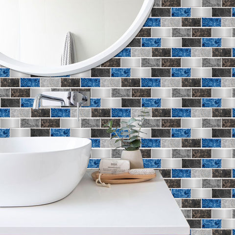 Deep Blue and Grey Peel and Stick Marble Floor Tiles Stickers Modern