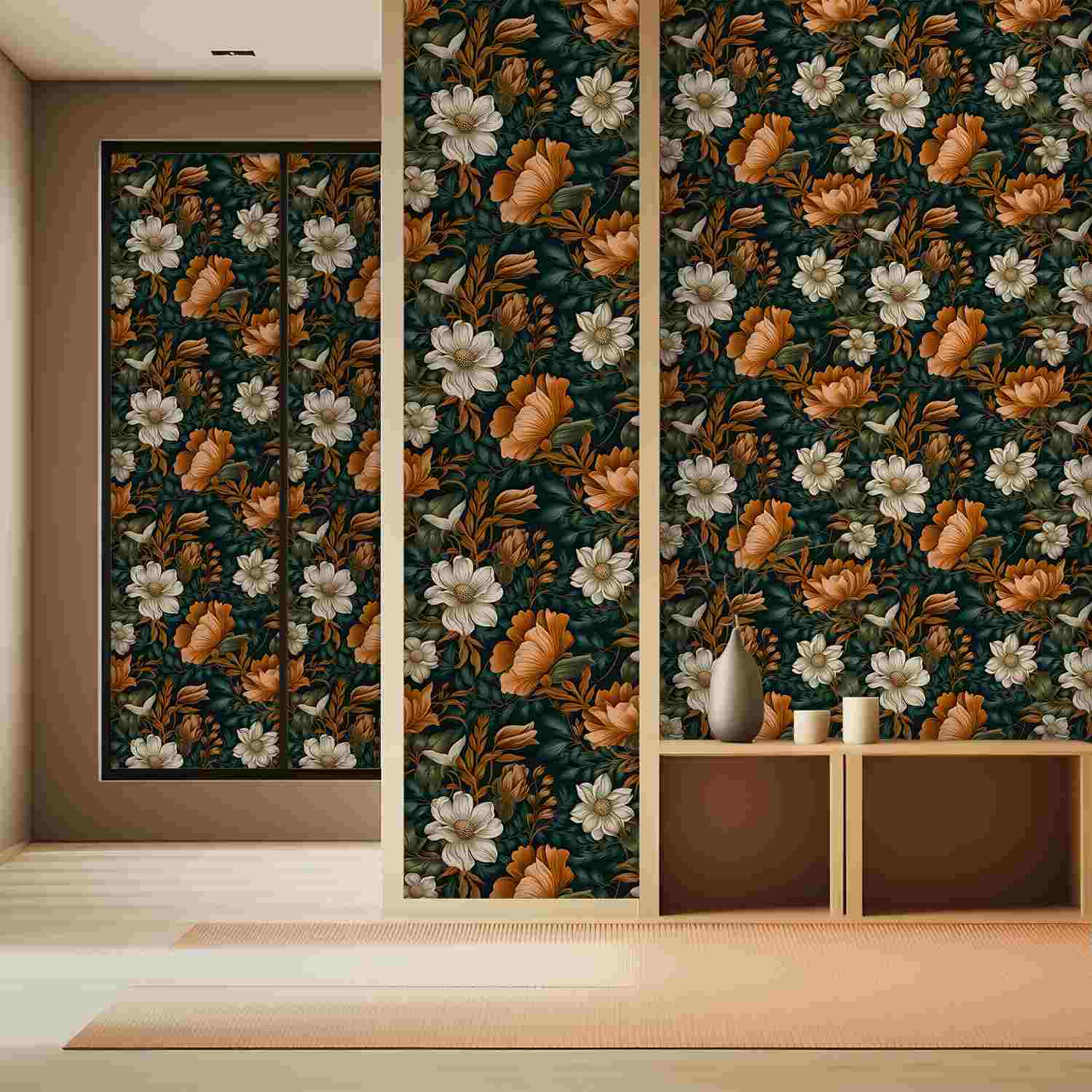 dark floral peel and stick wallpaper on wall