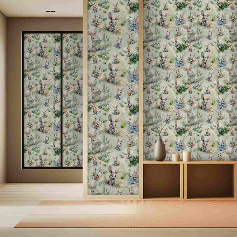 Watercolor Forest Bunny Wallpaper - Fresh Green Leaves and Soft Pastel Hues