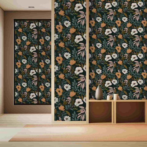 dark green floral peel and stick wallpaper