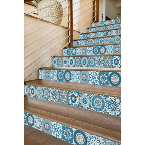 Blue and white mandala tile stickers: interpreting the beauty of mystery and tranquility