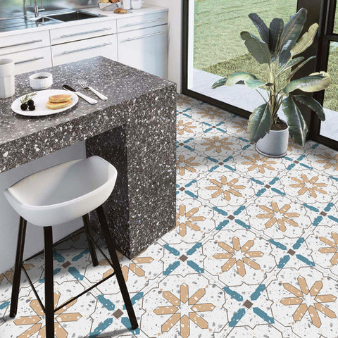 Vintage Style Tile Stickers with Blue and Yellow Patterns