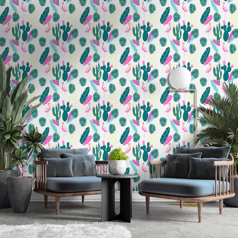 Tropical Vibe Forest Wallpaper - Vivid Pink Flamingos and Dark Green Cacti in a Whimsical Design