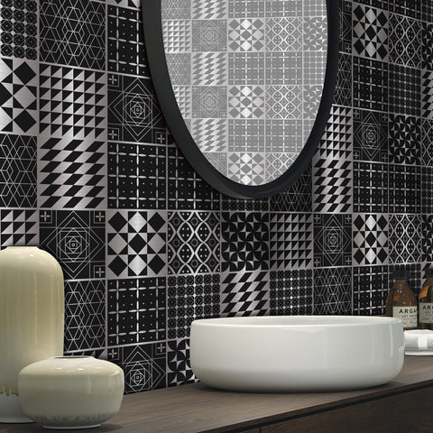 Black and silver classic: simple tile stickers with white patterns