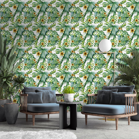 Tropical Floral Forest Wallpaper - Fresh Green Leaves with Bright Yellow Flowers in Natural Harmony