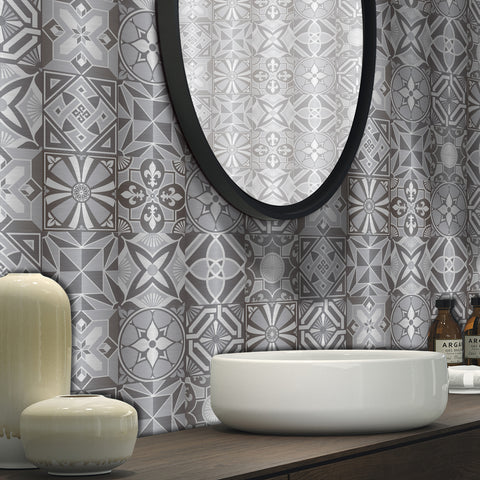 Silver-white radiation: modern tile sticker with geometric lines