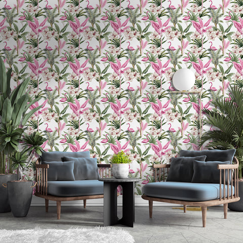 Tropical Vibe Wallpaper - Lively Design of Pink Flamingos Intertwined with Green Leaves