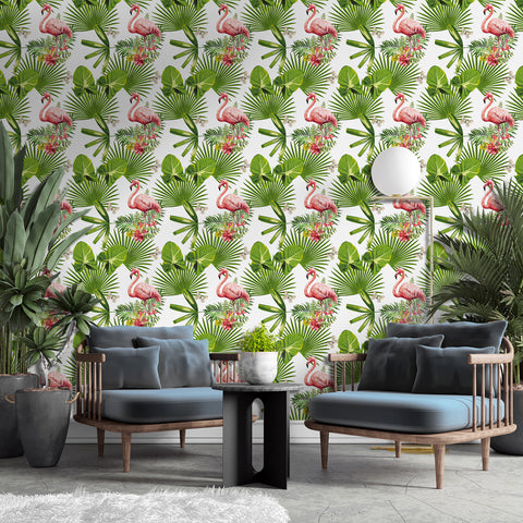 Tropical Flamingo Forest Wallpaper - Vivid Pink Flamingos Amidst Lush Green Foliage