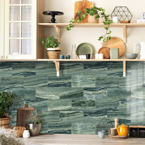 Dark Green Marble Tile Stickers Minimalist Classic Wallpapers 16Pcs