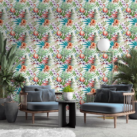 Tropical plants and flowers with flamingos forest wallpaper