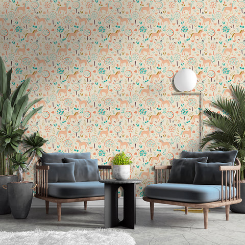 Fresh literary style: cartoon ponies and plants painted in the forest wallpaper