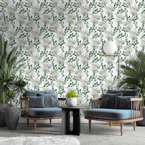 Natural Style Forest Wallpaper - Fresh Green Plants with Delicate Linework Elegance