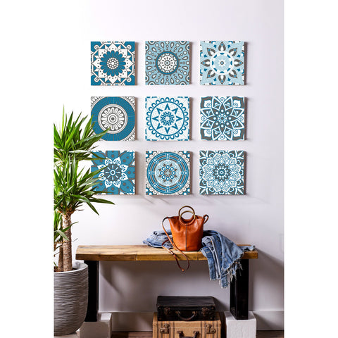 Blue and white mandala tile stickers: interpreting the beauty of mystery and tranquility