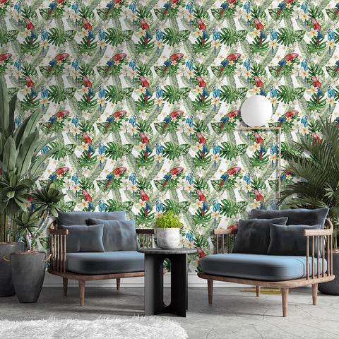 Plantain greenery with flowers and birds in the forest wallpaper