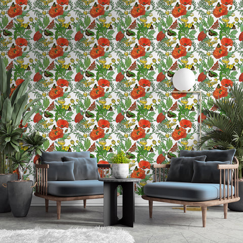 Garden Vibe Forest Wallpaper - Vibrant Red Poppies and Colorful Butterflies in Lively Design