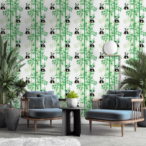 Adorable Panda Forest Wallpaper - Fresh Green Bamboo and Playful Pandas in a Cheerful Design