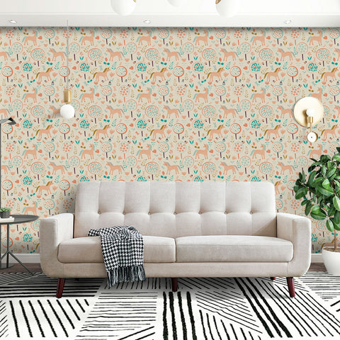 Fresh literary style: cartoon ponies and plants painted in the forest wallpaper