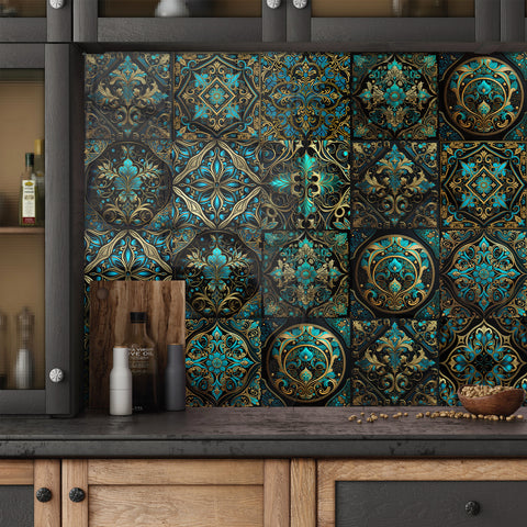 Luxury gold and blue: the aristocratic style of tile stickers