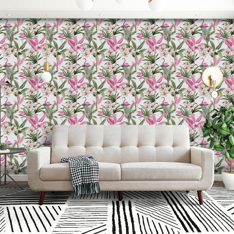 Tropical Vibe Wallpaper - Lively Design of Pink Flamingos Intertwined with Green Leaves