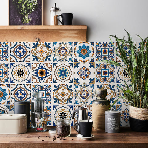 Blue-brown retro tile stickers: reproduce the charm of classic art