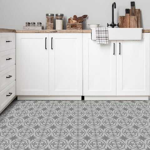 Grey Floral Floor Tile Stickers Retro Peel and Stick Geometric Easy Apply