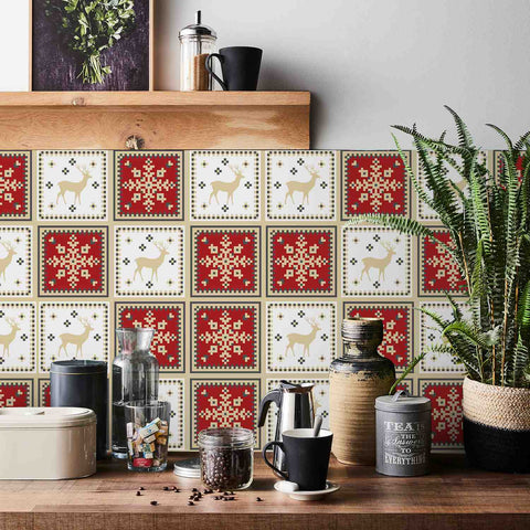 Festive Red and White Tiles Creative tile stickers