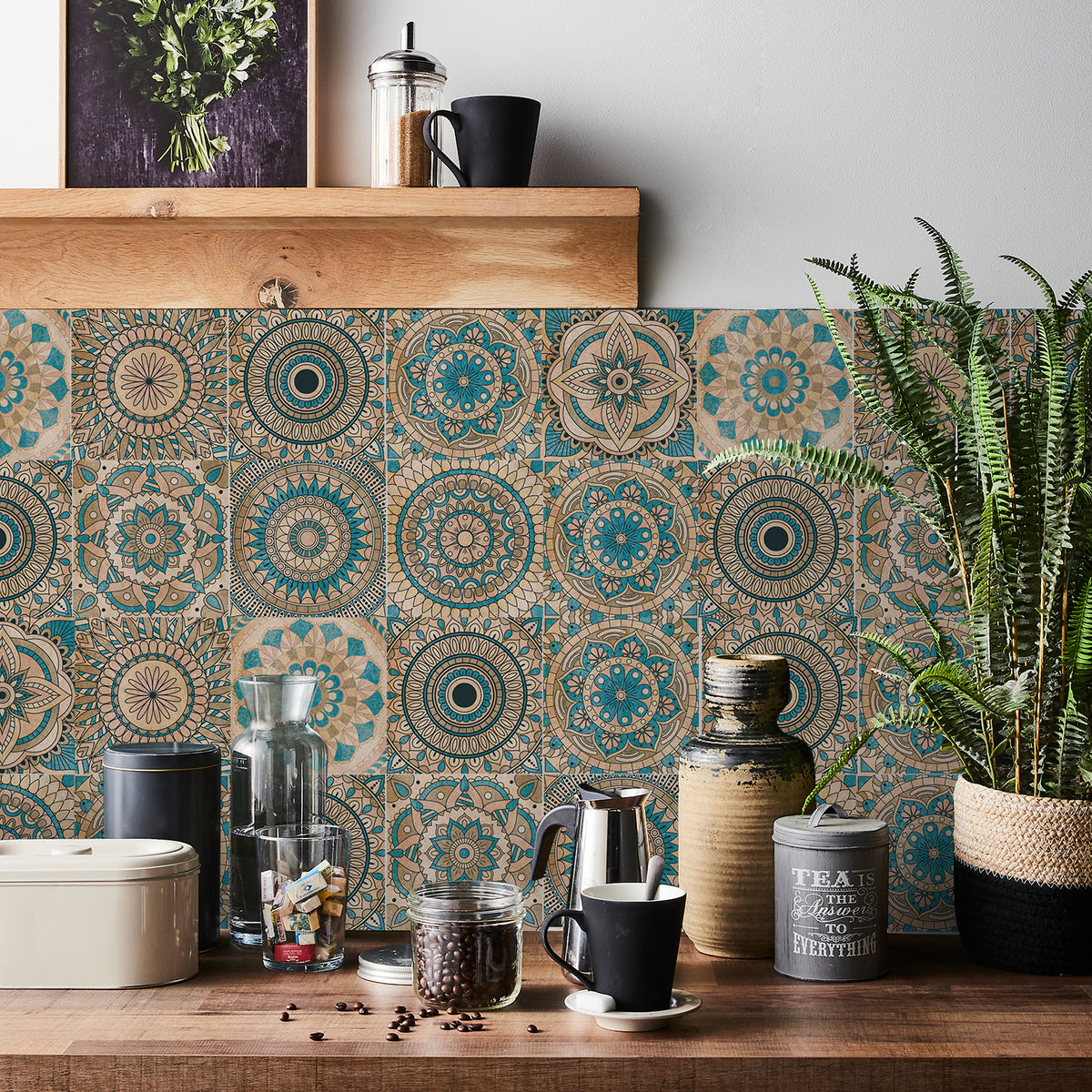 Blue-brown mandala tile stickers: a perfect fusion of retro and art