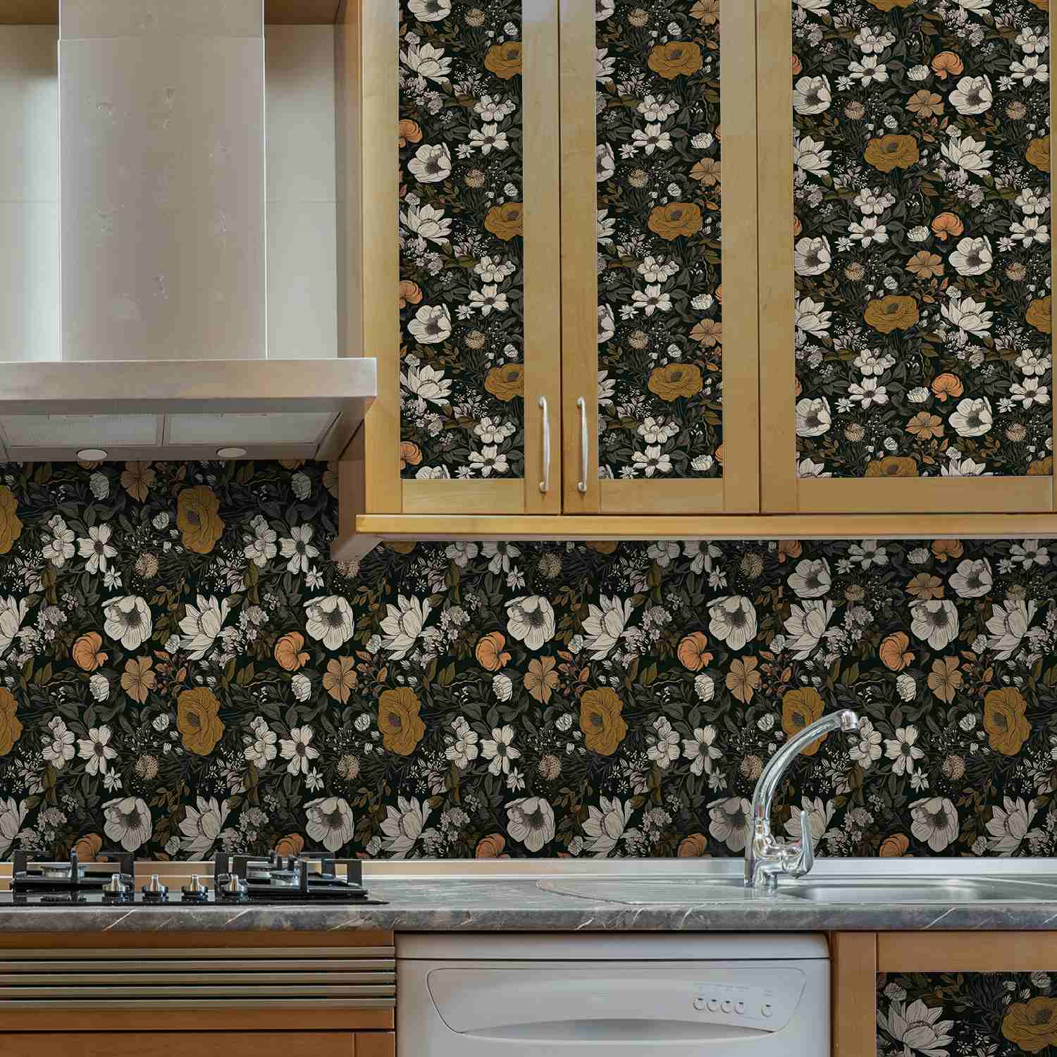 dark floral wallpaper for kitchen