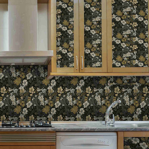 vintage dark floral wallpaper for kitchen