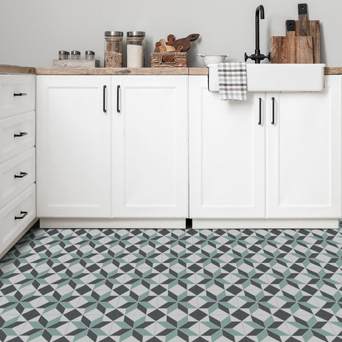 Grey and Green Geometric Flower Floor Tile Stickers Peel and Stick Modern