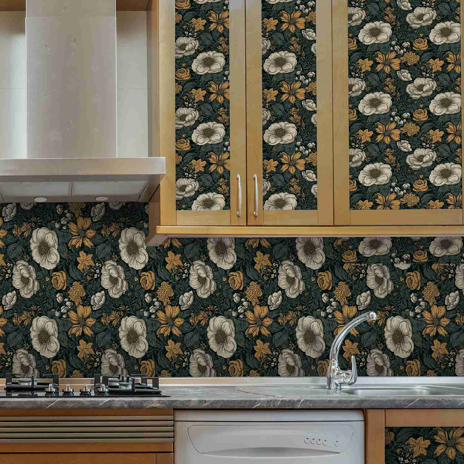 dark floral wallpaper for kitchen