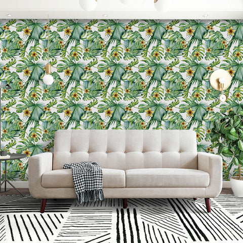 Tropical Floral Forest Wallpaper - Fresh Green Leaves with Bright Yellow Flowers in Natural Harmony