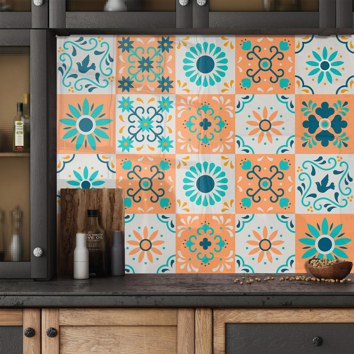 Fresh orange and blue: the vibrant beauty of tile stickers