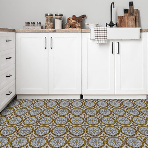 Black Gold Floral Floor Tile Stickers Retro Peel and Stick Geometric Easy Apply