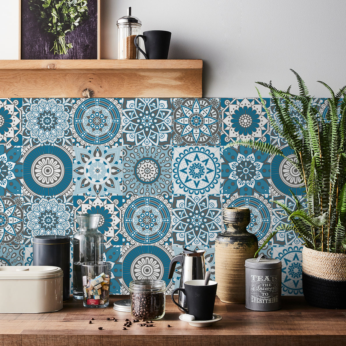 Blue and white mandala tile stickers: interpreting the beauty of mystery and tranquility