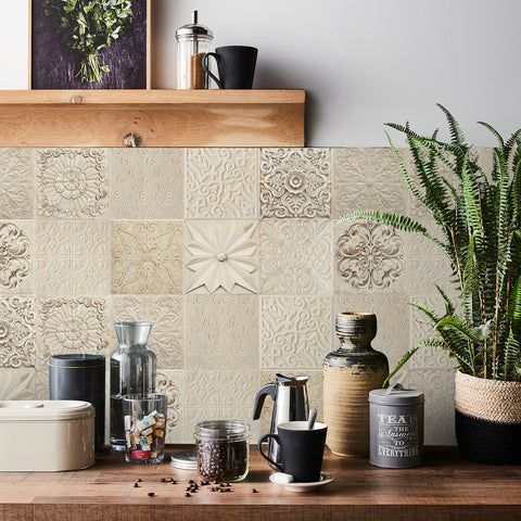 Off-white relief tile stickers: create an elegant artistic atmosphere