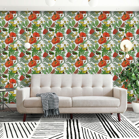 Garden Vibe Forest Wallpaper - Vibrant Red Poppies and Colorful Butterflies in Lively Design