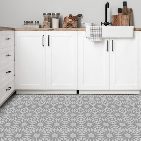 Grey Sun Flower Floor Tile Stickers Peel and Stick Modern Geometric