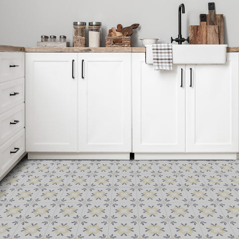 Gray and Beige Floral Floor Tile Stickers Geometrical Peel and Stick